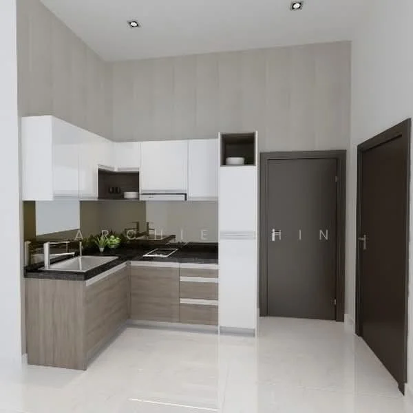 Kitchen features: white upper cabinets, wood lower cabinets, black granite countertop, single-bowl stainless-steel sink, chrome pull-down faucet, built-in oven, stainless-steel range hood, 4-burner gas hob, recessed downlights, ceramic tile flooring, neutral painted walls, sliding door to pantry, open shelving, kitchen island; style: modern.