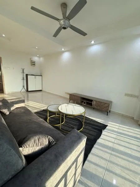 Living features: 3-seater fabric sofa in grey, round coffee table with glass top and gold frame, black area rug, wall-mounted TV console, recessed downlights, ceiling fan, white painted walls, glossy tile flooring; style: modern.