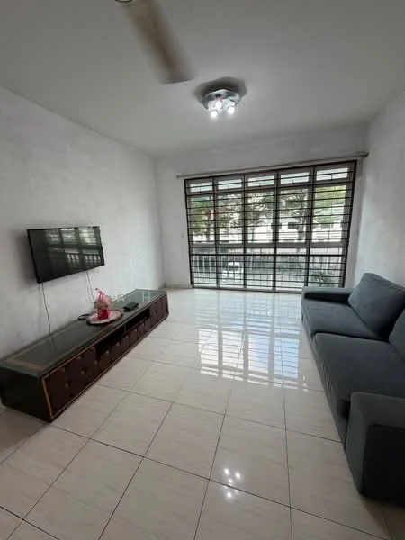 Living features: grey fabric sofa, wall-mounted TV, TV console with drawers, white painted walls, glossy tile flooring, ceiling fan with light, large windows with horizontal bars, natural light from windows, decorative plant on console; style: modern; view: city.