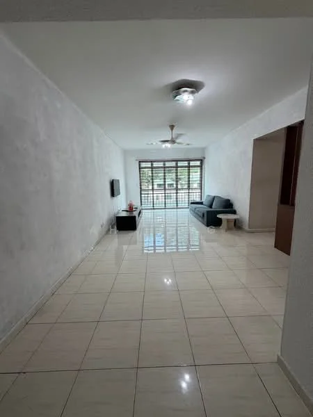 Living features: white painted walls, glossy beige tile flooring, ceiling fan, recessed downlights, large sliding glass door, floor-to-ceiling windows, TV console, sofa, coffee table, decorative items on table; style: modern; view: garden.