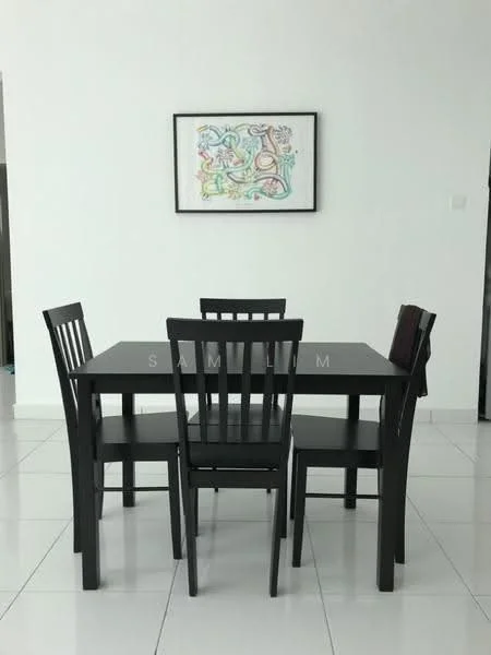 Dining features: black wooden dining table, 4 black wooden dining chairs, white painted walls, glossy white tile flooring, framed artwork on wall; style: modern.