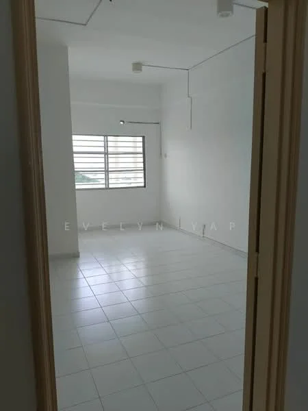 Room features: white painted walls, white ceiling, tile flooring, large window with multiple panes, natural light, no visible furniture, minimalist design, plain light fixtures; style: minimalist.