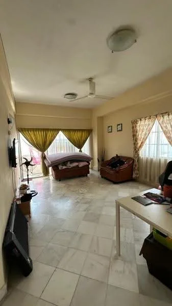 Living features: marble tile flooring, cream painted walls, 5-blade ceiling fan with light, floor-to-ceiling windows, sheer curtains, decorative curtains, 2-seater leather sofa, coffee table, wall-mounted TV, decorative wall art, potted plants; style: modern.