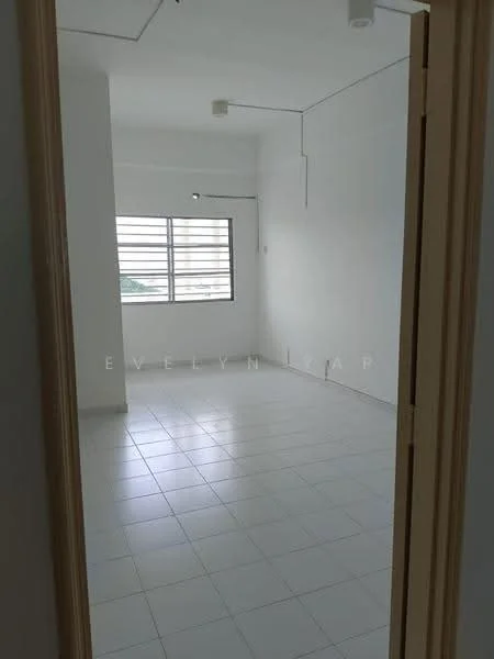 Room features: white painted walls, white tiled flooring, ceiling lights, large windows, window treatments not visible.