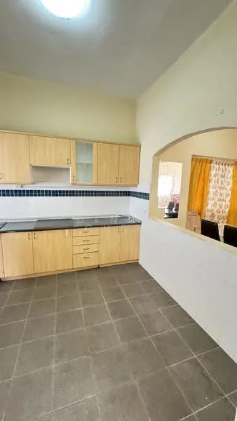 Kitchen features: light wood cabinetry, grey countertop, white tiled backsplash, stainless-steel sink, single-bowl sink, built-in cabinets, drawer storage, tile flooring, recessed ceiling light; style: modern.