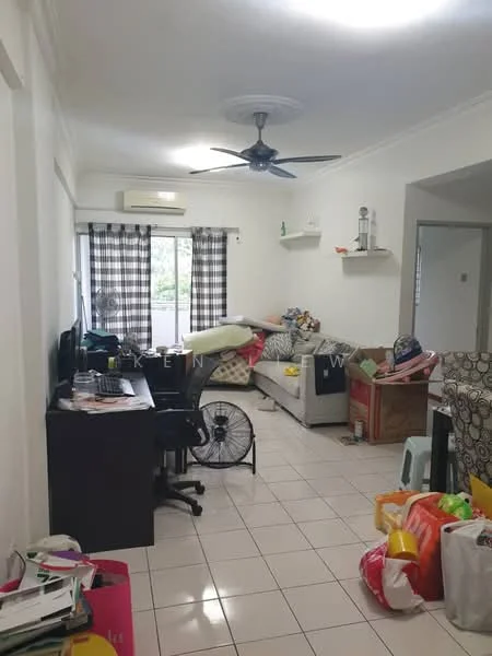 Living features: white painted walls, tiled flooring, 5-blade ceiling fan with light, floor-to-ceiling windows with sheer curtains, sofa in light color, coffee table, TV console, decorative shelves, computer desk, office chair, various bags and items scattered, green plant in pot; style: modern.