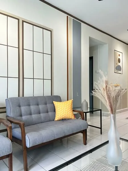 Living features: grey fabric sofa with wooden frame, yellow patterned cushion, glass coffee table, white tiled flooring, decorative vase with dried flowers, wall art with abstract design, painted accent wall with vertical stripes, neutral wall color with geometric patterns; style: modern.