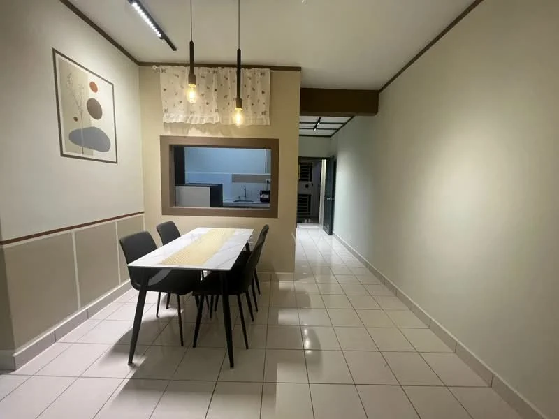 Dining features: rectangular dining table, 4 black dining chairs, white table runner, framed artwork on wall, light fixture with pendant lights, cream painted walls, tile flooring, window with sheer curtains, open layout to kitchen, wall-mounted mirror; style: modern. Hallway features: cream painted walls, tile flooring, doorway leading to kitchen, doorway leading to other rooms, recessed lighting; style: modern.
