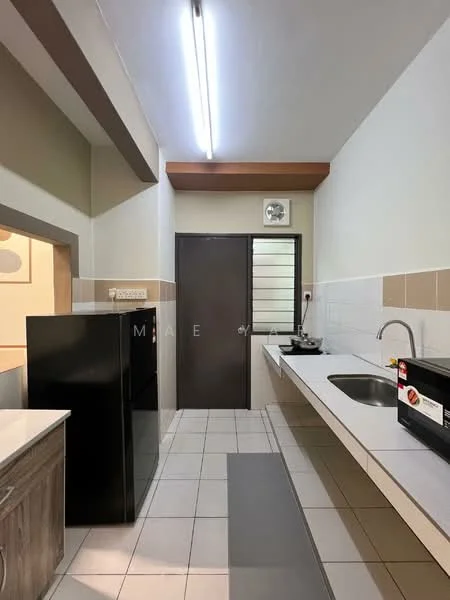 Kitchen features: white tiled walls, light grey tiled flooring, laminate cabinetry in wood finish, single-bowl stainless-steel sink, chrome pull-down faucet, black refrigerator, black microwave, countertop with overhang, window with metal grille, fluorescent ceiling light; style: modern.