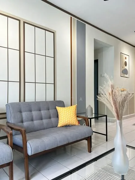 Living features: grey fabric sofa with wooden frame, yellow patterned cushion, glass coffee table, white ceramic vase with dried flowers, white tiled flooring, painted walls with geometric patterns, wall art with abstract design, recessed ceiling lights; style: modern.