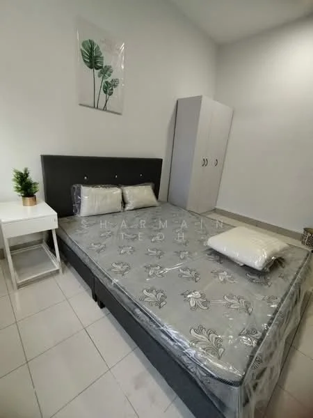 Bedroom features: queen-size bed with grey floral bedding, upholstered headboard in black, 2 bedside pillows, white bedside table, decorative plant in ceramic pot, built-in wardrobe with grey doors, light-coloured tiled flooring, white painted walls, framed artwork with green leaves; style: modern.