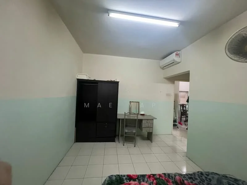 Room features: white painted walls, light green accent wall, tile flooring, 1 wall-mounted split AC, ceiling fan, built-in wardrobe, desk with chair, window, light fixture.