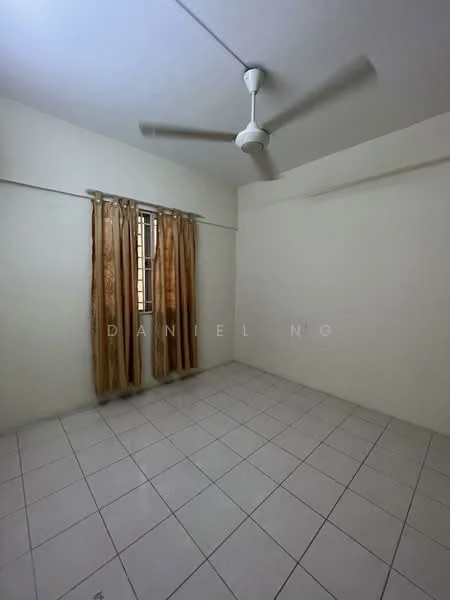 Room features: white painted walls, ceiling fan, tiled flooring, window with curtains, neutral color scheme.