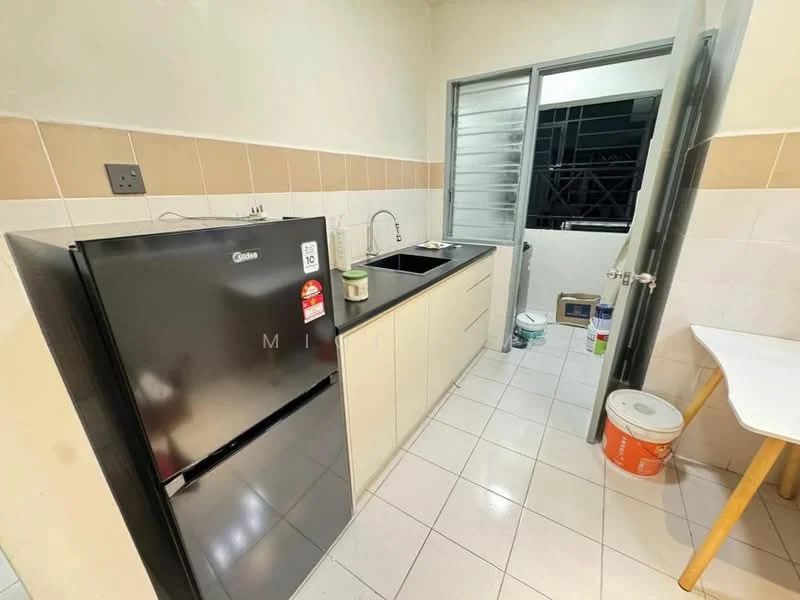Kitchen features: black refrigerator, single-bowl stainless-steel sink, chrome pull-down faucet, light-colored cabinetry, white tiled backsplash, white tiled flooring, window with sliding glass, countertop with space for appliances, painted walls in light color; style: modern.