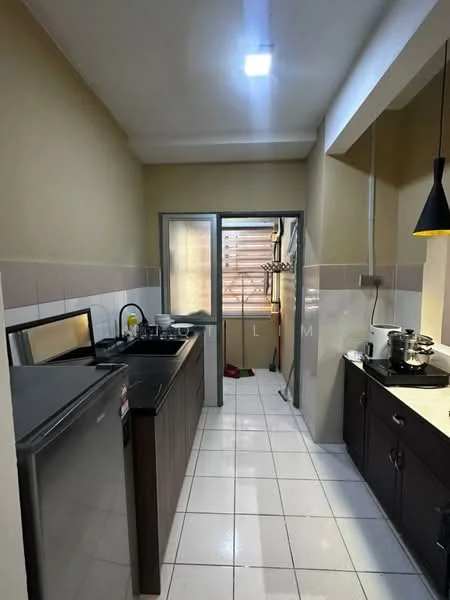 Kitchen features: black countertop, dark wood cabinetry, stainless-steel fridge, single-bowl stainless-steel sink, chrome pull-down faucet, built-in stove, tile backsplash, white tiled flooring, recessed ceiling light, window with metal grill, open layout to utility area; style: modern.