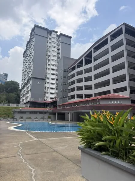 Exterior type: high-rise condominium; features: swimming pool, pool deck, multi-storey car park, landscaped garden with tropical plants, modern architectural design, grey painted facade, red roof, surrounded by greenery; style: modern.