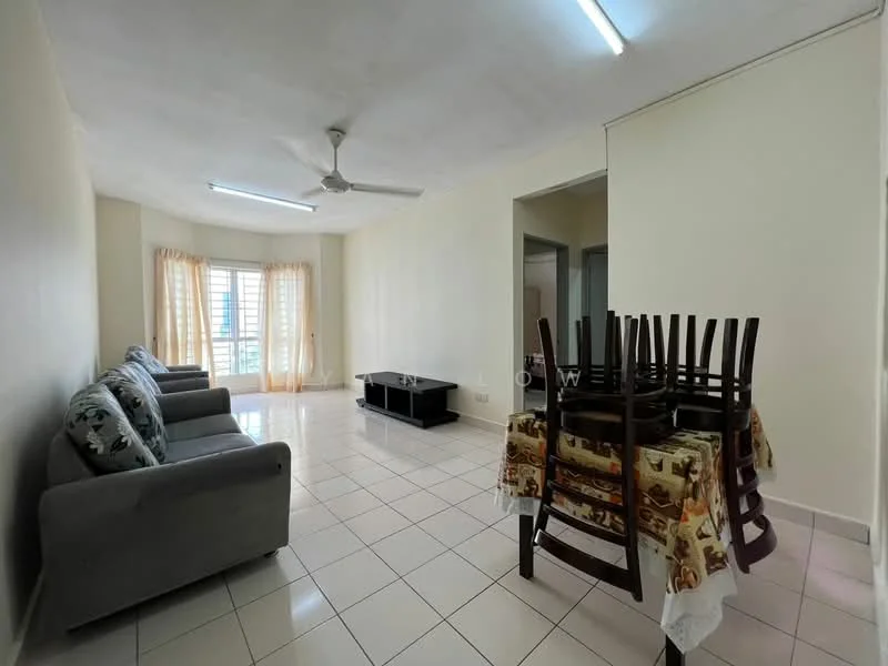 Living features: 3-seater fabric sofa in grey, coffee table, floor-to-ceiling windows, curtains in light fabric, white painted walls, tile flooring, ceiling fan, LED ceiling lights; style: modern; view: city. Dining features: 6-seater dining table, wooden dining chairs, tablecloth with floral pattern; style: modern.