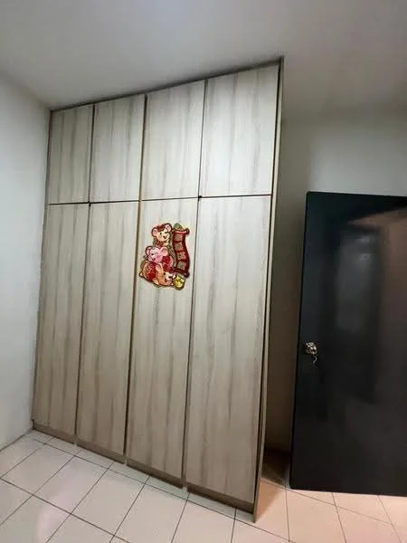 Room features: built-in wardrobe with sliding doors, light wood finish, white tiled flooring, plain white walls, decorative wall hanging, dark door, minimalist design; style: modern.