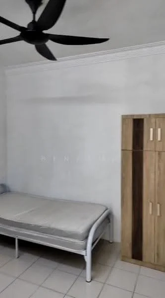 Bedroom features: single bed with mattress, wooden wardrobe with two doors, white painted walls, ceiling fan, tile flooring, no visible decor; style: minimalist.