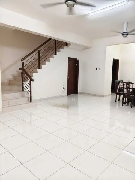 Living features: white painted walls, glossy white tile flooring, 5-blade ceiling fan with light, staircase with wooden railing, door leading to another room, dining area visible in background, recessed ceiling lights, large open space; style: modern.