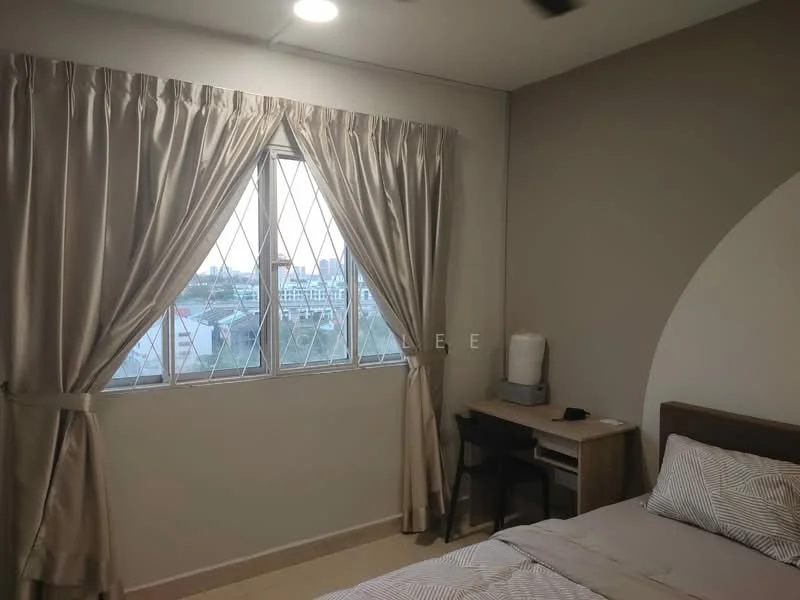 Bedroom features: queen-size bed with light grey bedding, wooden headboard, desk with chair, floor-to-ceiling window, sheer curtains, grey painted walls, light-colored flooring, ceiling fan, decorative wall arch, view of city skyline; style: modern; view: city.