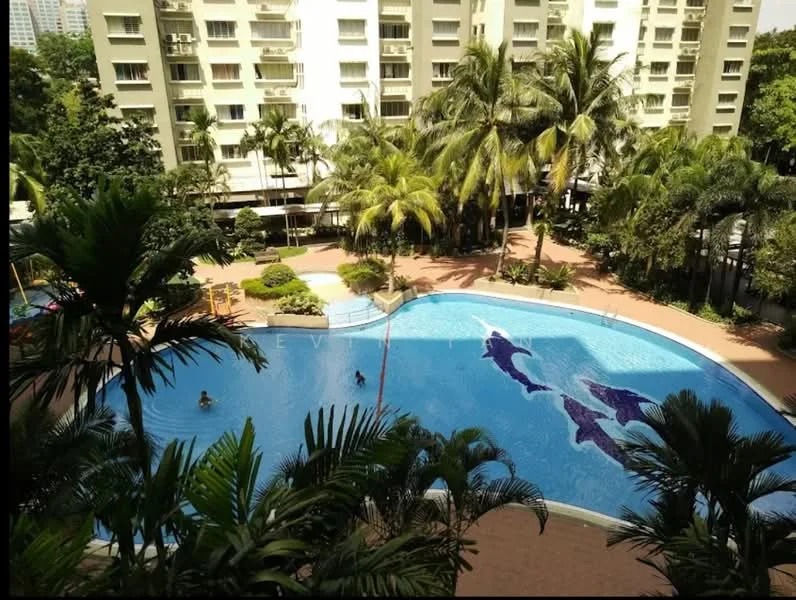 Exterior type: high-rise condominium; features: swimming pool with dolphin mosaic, lush tropical landscaping, palm trees, manicured garden, pool deck with loungers, children's playground, surrounding greenery, multiple storeys visible; style: modern.