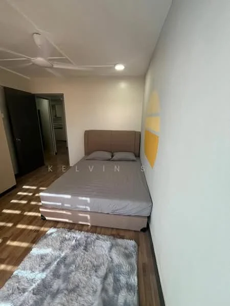 Bedroom features: single bed, upholstered headboard, wooden flooring, ceiling fan, recessed downlights, white painted walls, decorative wall art, area rug with geometric pattern, window with natural light; style: modern.