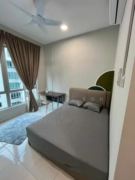 Bedroom features: queen-size bed, upholstered headboard, 2 grey pillows, light grey bedding, wooden study desk, chair, floor-to-ceiling windows, curtains in beige, light-colored area rug, white tiled flooring, wall-mounted air conditioning unit, recessed ceiling lights, green accent wall; style: modern; view: city.