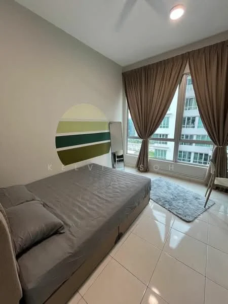 Bedroom features: queen-size bed, grey bed linens, floor-to-ceiling windows, sheer curtains, dark brown curtains, light grey area rug, painted accent wall with green stripes, white tiled flooring, ceiling fan, mirror, small chair; style: modern; view: city.