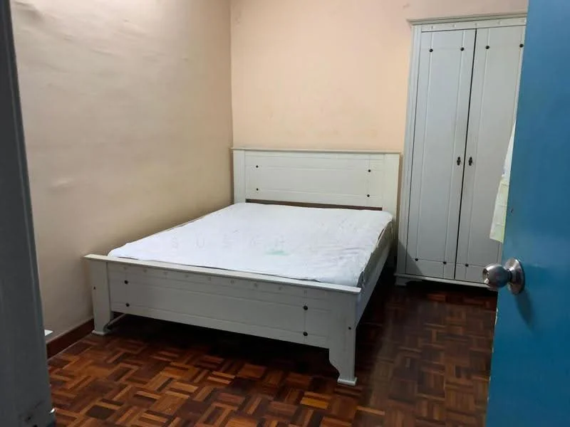 Bedroom features: wooden flooring, light pink painted walls, white bed frame, mattress without bedding, white wardrobe with sliding doors, single bed size, decorative headboard, window with no visible treatment.