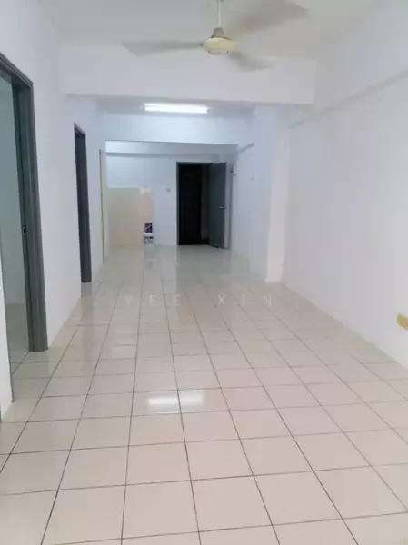 Room features: white painted walls, glossy ceramic tile flooring, ceiling fan, multiple doorways, neutral color scheme, open layout, bright lighting, large floor area; style: modern.