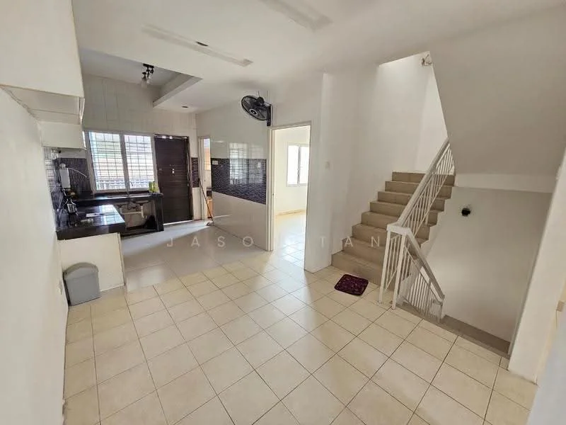 Living features: cream tiled flooring, white painted walls, ceiling fan, large windows providing natural light, staircase leading to upper floor, open layout connecting to kitchen, doorway leading to other rooms; style: modern. Kitchen features: black countertop, dark cabinetry, stainless-steel sink, built-in stove, tile backsplash, open layout to living area; style: modern.