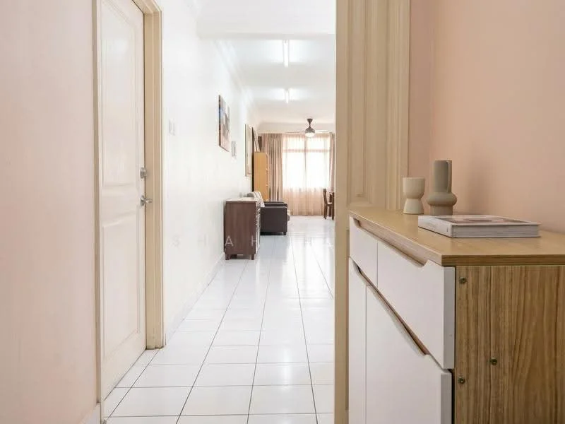 Room features: white tiled flooring, light peach painted walls, wooden console table, decorative vases on table, door leading to another room, window with sheer curtains, ceiling lights, furniture in background; style: modern.