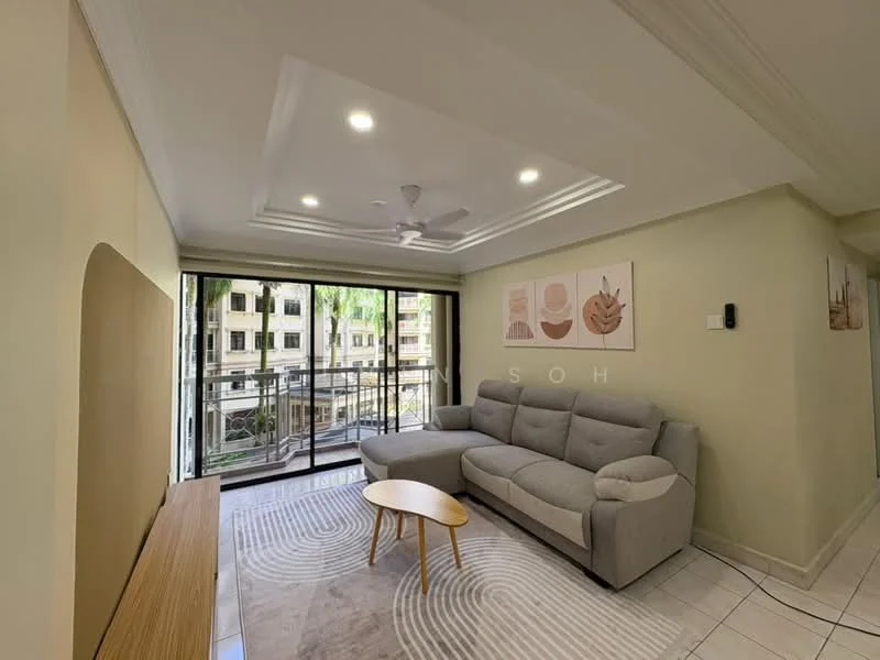 Living features: grey fabric sectional sofa, round wooden coffee table, white area rug with geometric pattern, recessed downlights, 5-blade ceiling fan, floor-to-ceiling windows, sliding glass door, light green painted walls, crown moulding, wooden TV console, decorative wall art; style: modern; view: garden.