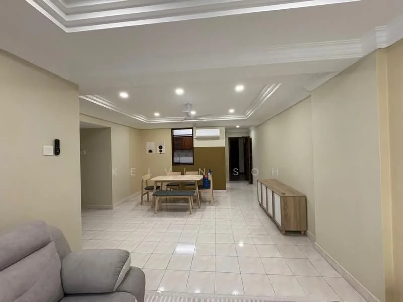 Living features: white painted walls, tile flooring, tray ceiling with recessed lighting, 5-blade ceiling fan with light, floor-to-ceiling windows, dining table with 6 chairs, sofa, sideboard, air conditioning unit; style: modern.