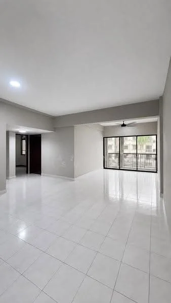 Living features: white painted walls, glossy white tile flooring, recessed downlights, 5-blade ceiling fan, floor-to-ceiling windows, sliding glass door, balcony access, open layout; style: modern. Room features: white painted walls, glossy white tile flooring.