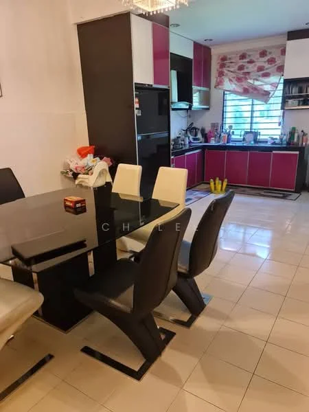 Kitchen features: black and white cabinetry, pink accent cabinets, stainless-steel fridge, built-in oven, ceramic tile flooring, dining table with black glass top, four black dining chairs, window with sheer curtains, kitchen countertop, kitchen appliances visible, shelves with kitchenware, sink, wall-mounted cabinets; style: modern.