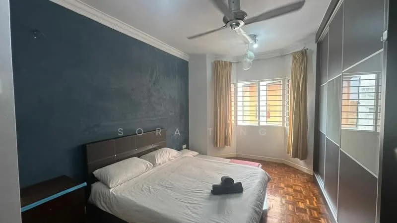 Bedroom features: king-size bed, upholstered headboard, 2 bedside lamps, wooden flooring, blue accent wall, white painted walls, ceiling fan, floor-to-ceiling windows with sheer curtains, built-in wardrobe with sliding doors; style: modern; view: city.