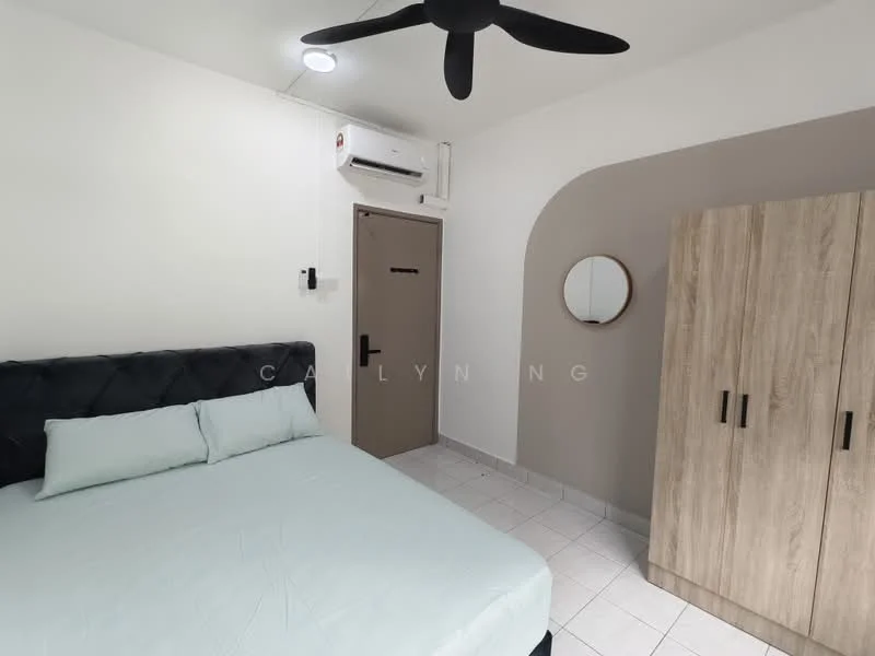 Bedroom features: queen-size bed with upholstered headboard, light blue bedding, wooden wardrobe with multiple doors, round mirror on wall, white tiled flooring, white painted walls, grey accent wall, 1 wall-mounted split AC, ceiling fan with light; style: modern.