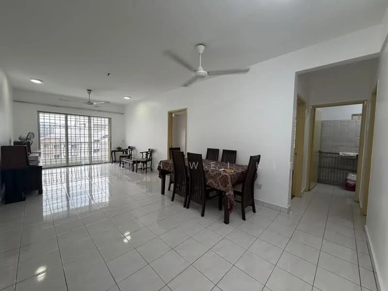 Dining features: 6-seater dining table, wooden dining chairs, white walls, glossy white tiled flooring, ceiling fan, large windows with natural light, decorative tablecloth; style: modern; view: city. Living features: open layout, white walls, glossy white tiled flooring, ceiling fan, large windows, natural light; style: modern; view: city. Kitchen features: white cabinetry, tile backsplash, sink, counter space, visible appliances; style: modern.