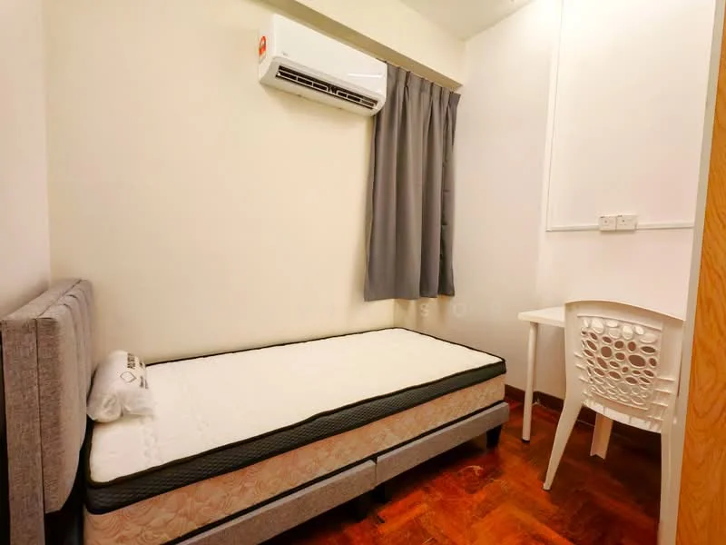 Bedroom features: single bed with mattress, grey upholstered headboard, wooden flooring, wall-mounted split AC, grey curtains, white study desk, white chair, light-colored walls, outlet and switch on the wall; style: modern.