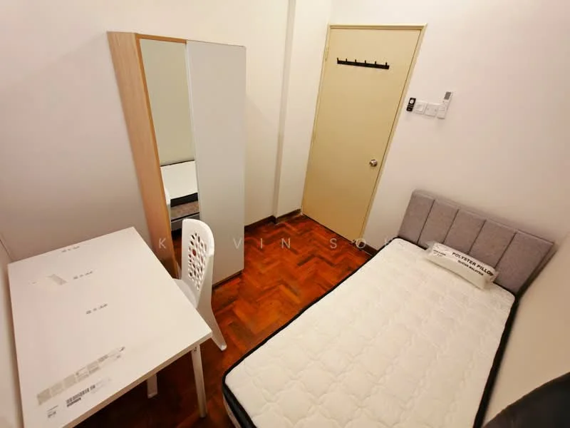 Bedroom features: queen-size bed, upholstered headboard, wooden flooring, white walls, built-in wardrobe with mirror, study desk, white chair, single pillow, bedside decor; style: minimalist.