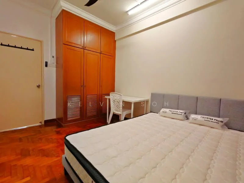 Bedroom features: queen-size bed, upholstered headboard, wooden flooring, built-in wardrobe with wooden finish, study desk, white plastic chair, plain white walls, ceiling light fixture, door with security latch; style: modern.