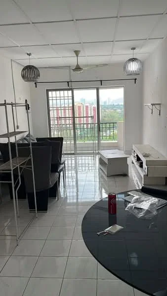 Living features: white painted walls, glossy white tile flooring, ceiling fan, two pendant lights, large sliding glass door, floor-to-ceiling windows, black round dining table, four dining chairs, TV console, open shelving unit, city view; style: modern; view: city.
