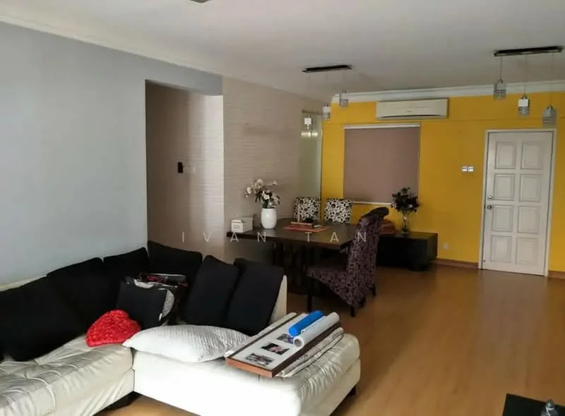 Living features: L-shape sectional sofa in black and cream, wooden flooring, yellow accent wall, grey painted wall, recessed downlights, dining table with four chairs, decorative vases on table, window with roller blinds, air conditioning unit, wall-mounted artwork, two patterned armchairs; style: contemporary.