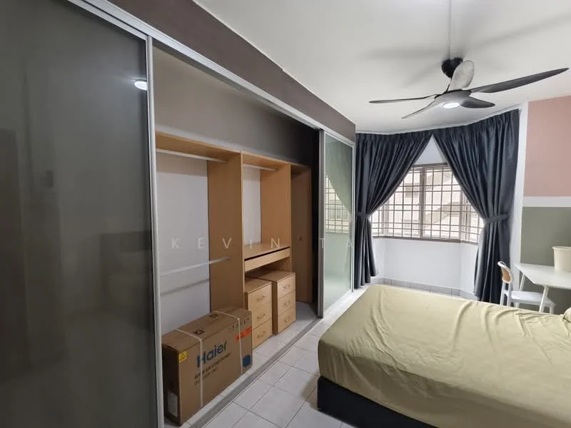 Bedroom features: queen-size bed with beige bedding, 5-blade ceiling fan with light, built-in wardrobe with sliding glass doors, wood shelving units, tile flooring, large window with grid pattern, dark curtains, light-colored wall with accent color; style: modern.