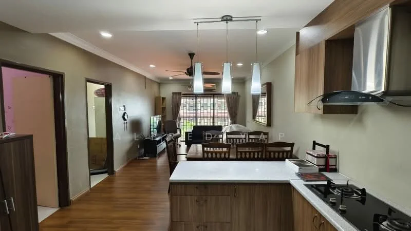 Kitchen features: white quartz countertop, stainless-steel sink, 4-burner gas hob, wood cabinetry, recessed downlights, pendant light, open shelving, floor-to-ceiling windows, wooden flooring; style: modern; view: city. Dining features: 6-seater dining table, wooden dining chairs, area rug, pendant lighting, wooden flooring; style: modern; view: city. Living features: 3-seater fabric sofa, coffee table, TV console, wall-mounted TV, wooden flooring; style: modern; view: city.