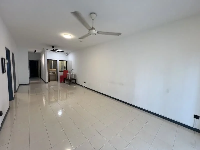 Room features: white painted walls, glossy ceramic tile flooring, recessed ceiling lights, 2 ceiling fans, open layout, neutral color scheme, no visible furniture, large windows, doorway leading to another room; style: modern.