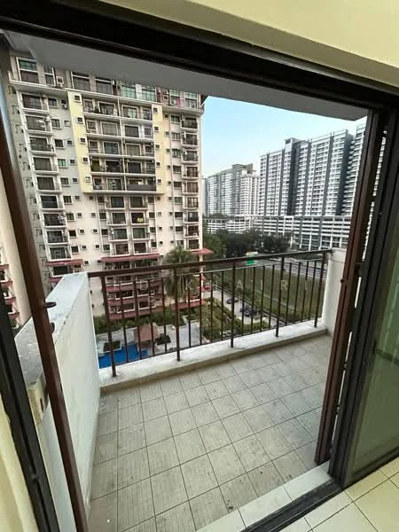 Room features: balcony, sliding glass door, tile flooring, metal railing, view of swimming pool, view of landscaped garden, view of surrounding buildings; view: garden.
