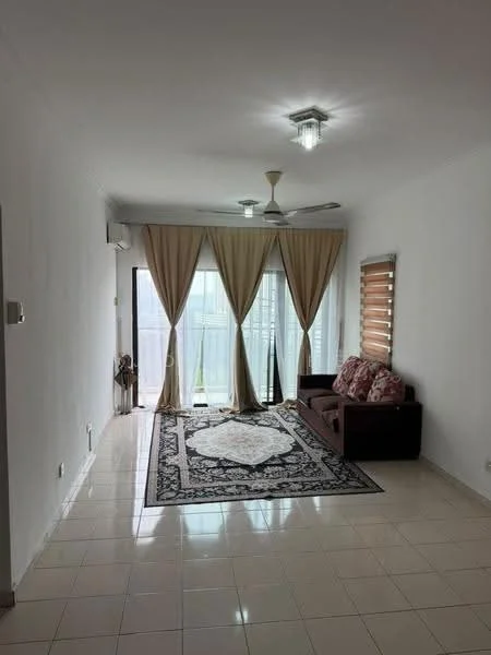 Living features: white painted walls, glossy tile flooring, 5-blade ceiling fan with light, recessed downlights, floor-to-ceiling windows, sheer curtains, roller blinds, brown fabric sofa, decorative cushions, area rug with intricate pattern, wall-mounted air conditioning unit; style: modern; view: city.